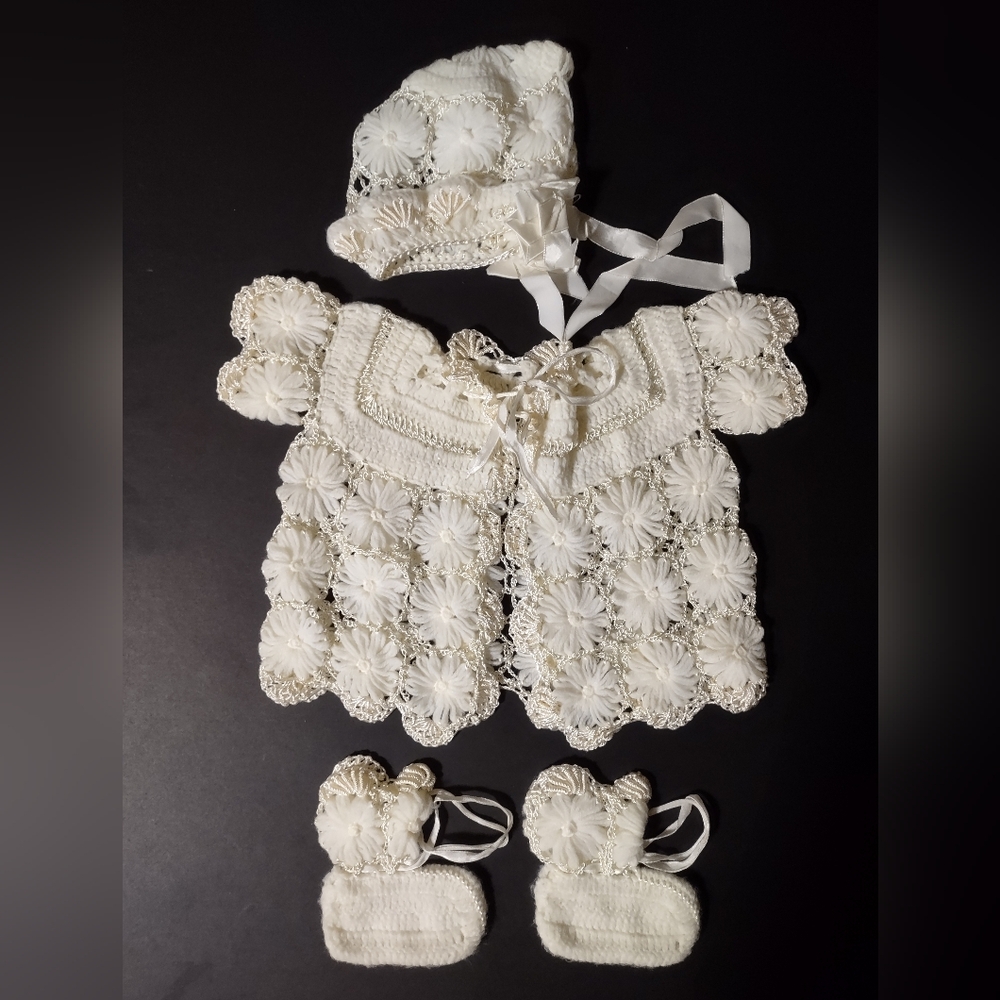Handmade Crocheted Baby Cardigan Bonnet and Booties